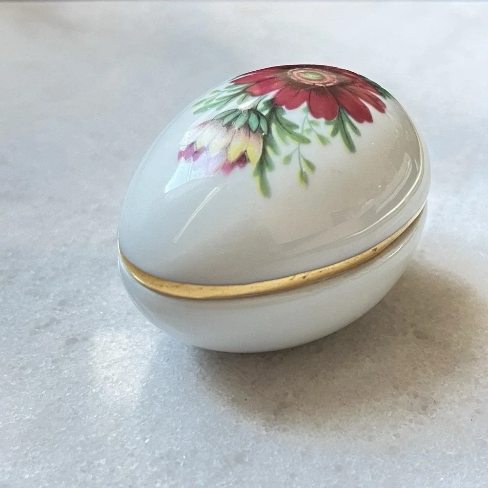 Chamart France Egg Shaped Trinket Box Pink Red Flower